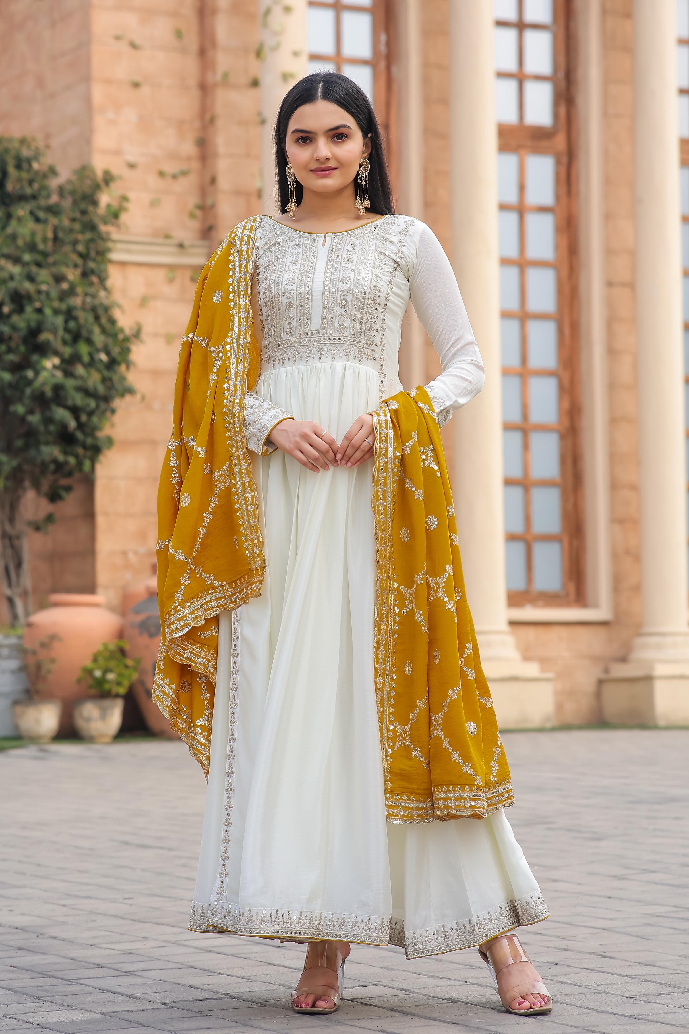 Party Wear Look White Gown With Yellow Dupatta