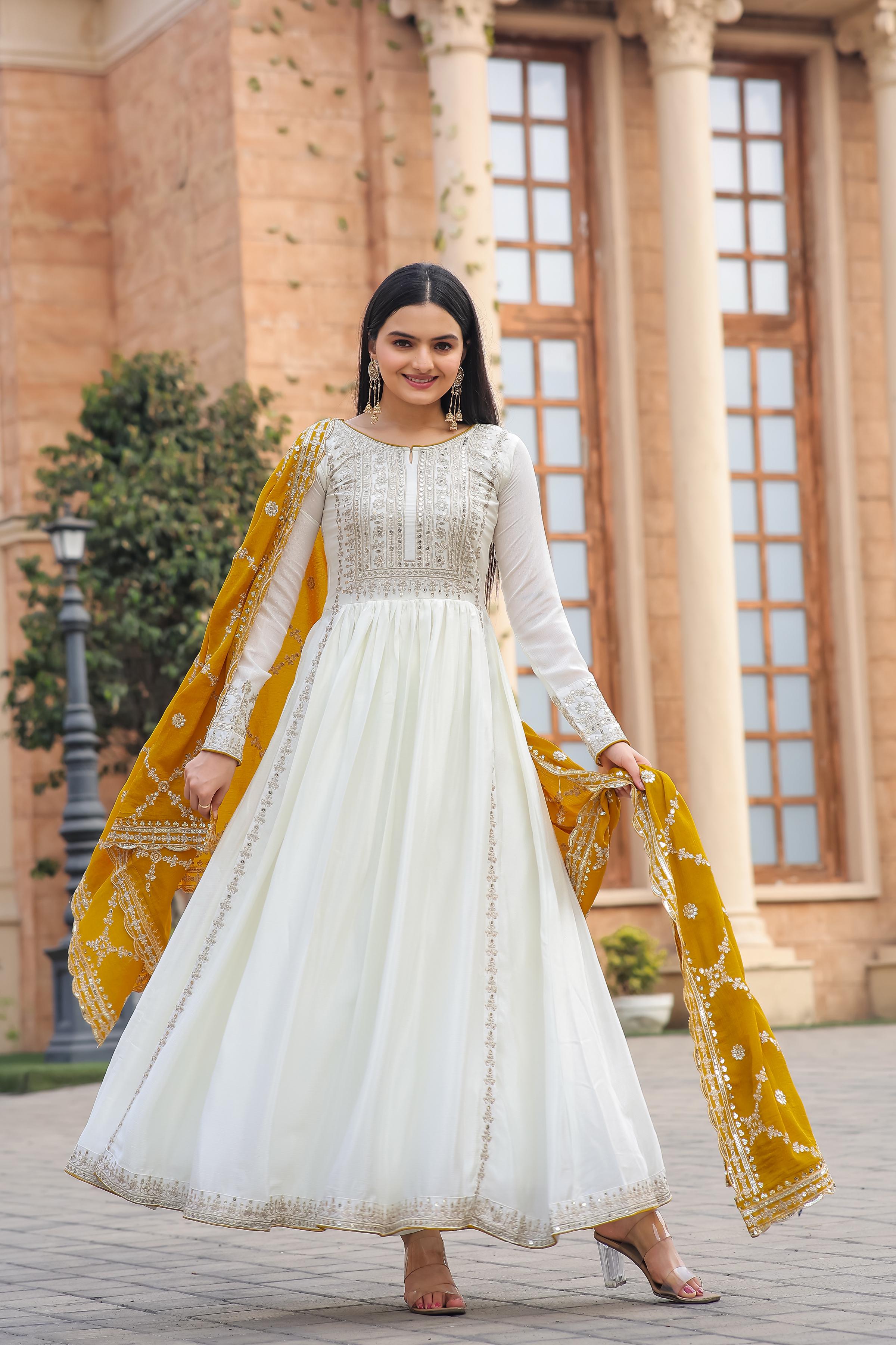 Party Wear Look White Gown With Yellow Dupatta