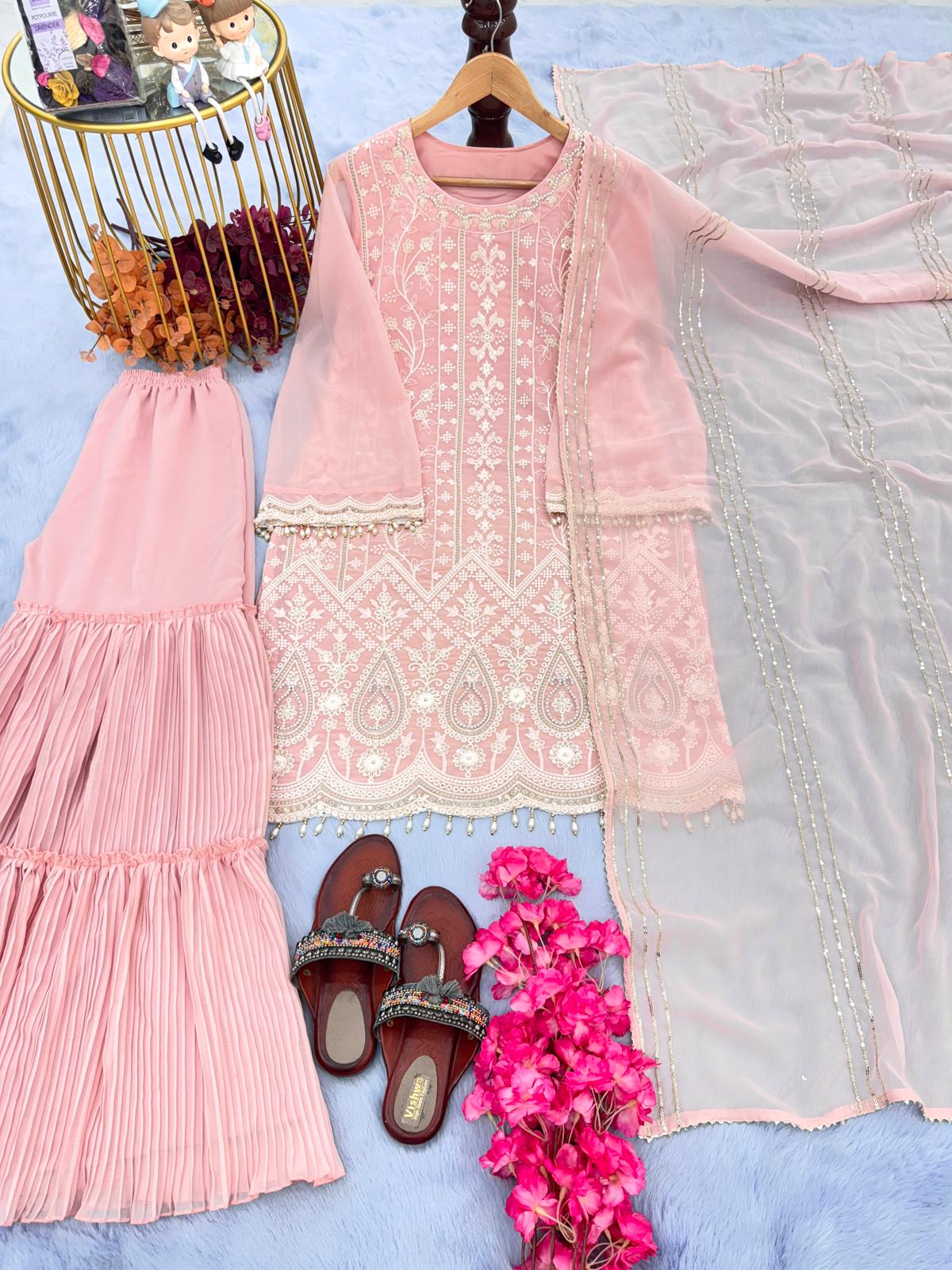 Classic Peach Full Work Kurti With Crush Sharara Set