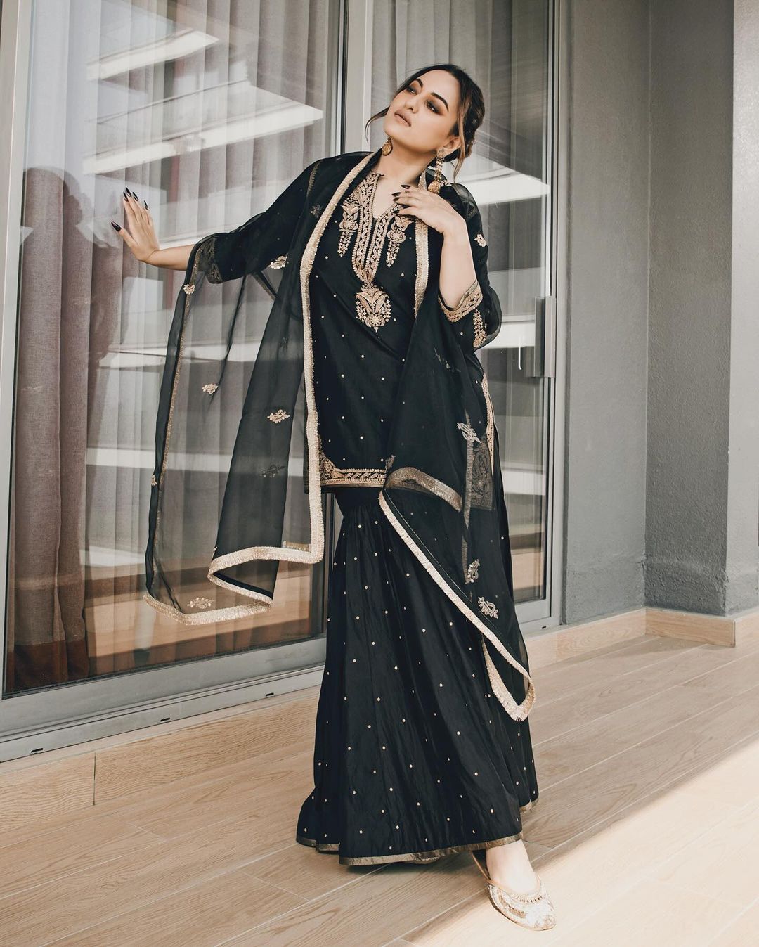 Bollywood Black Color Embroidery Work Sharara Suit