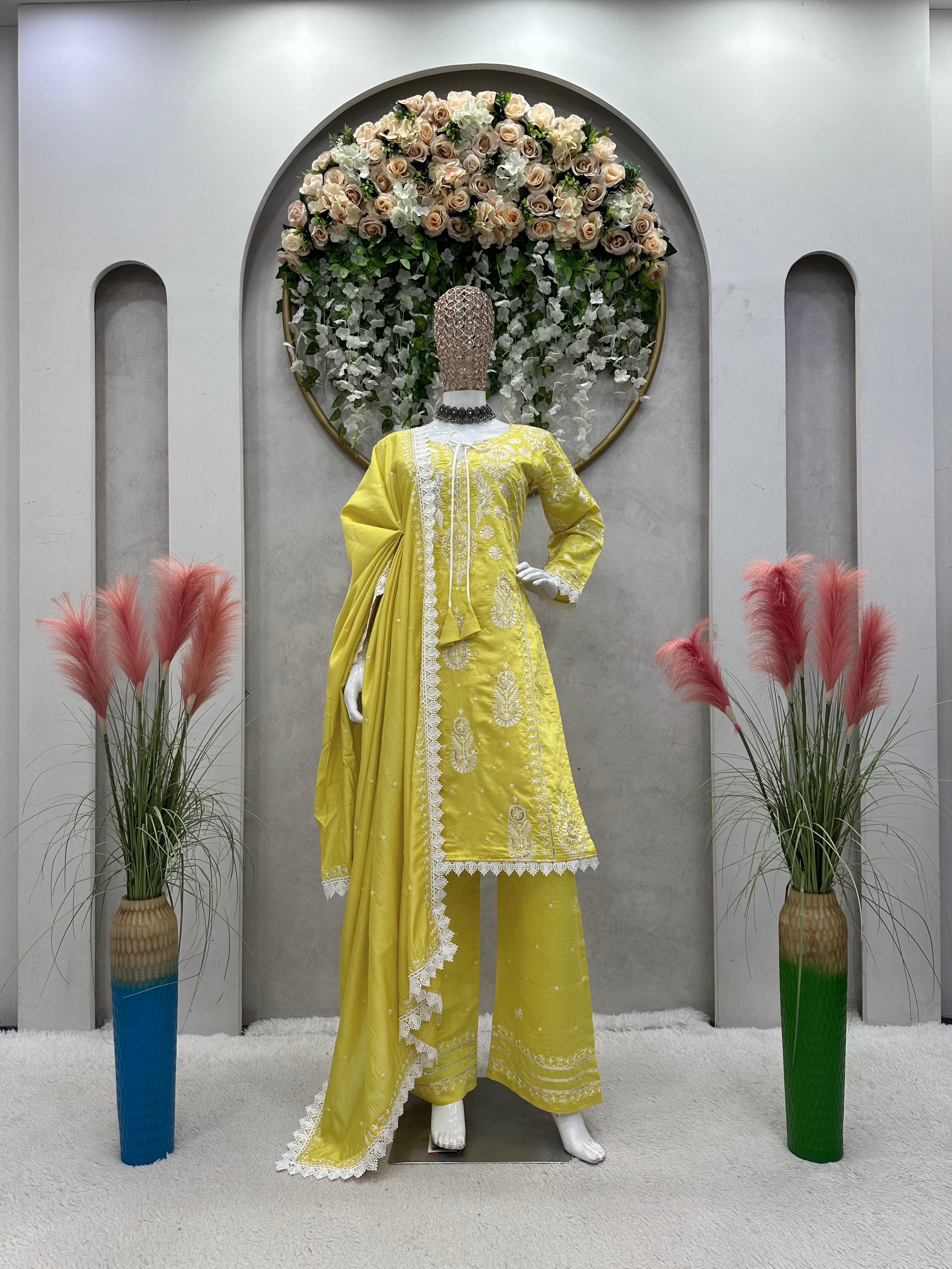 Beautiful Thread With Sequence Work Yellow Palazzo Suit