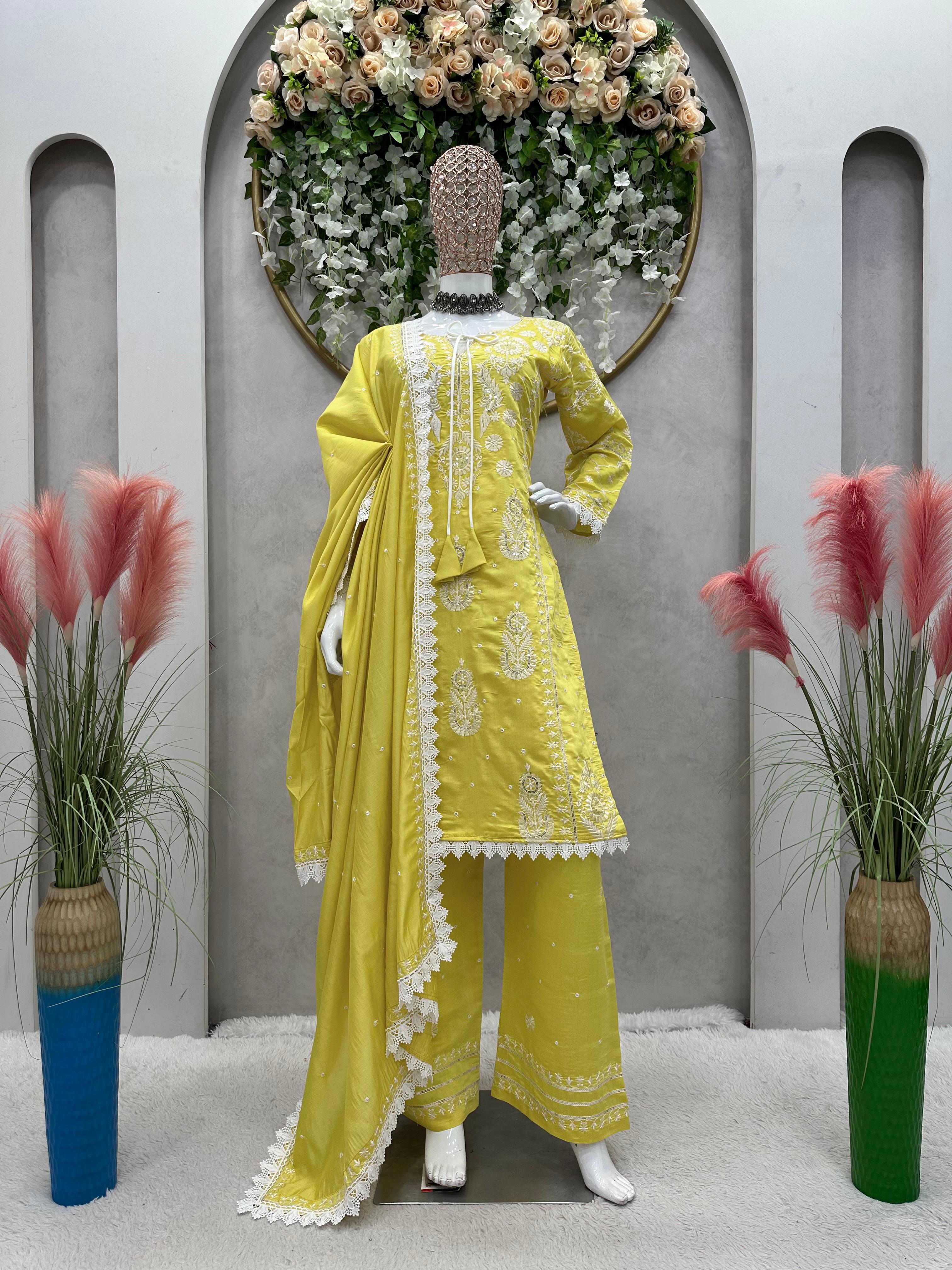 Beautiful Thread With Sequence Work Yellow Palazzo Suit