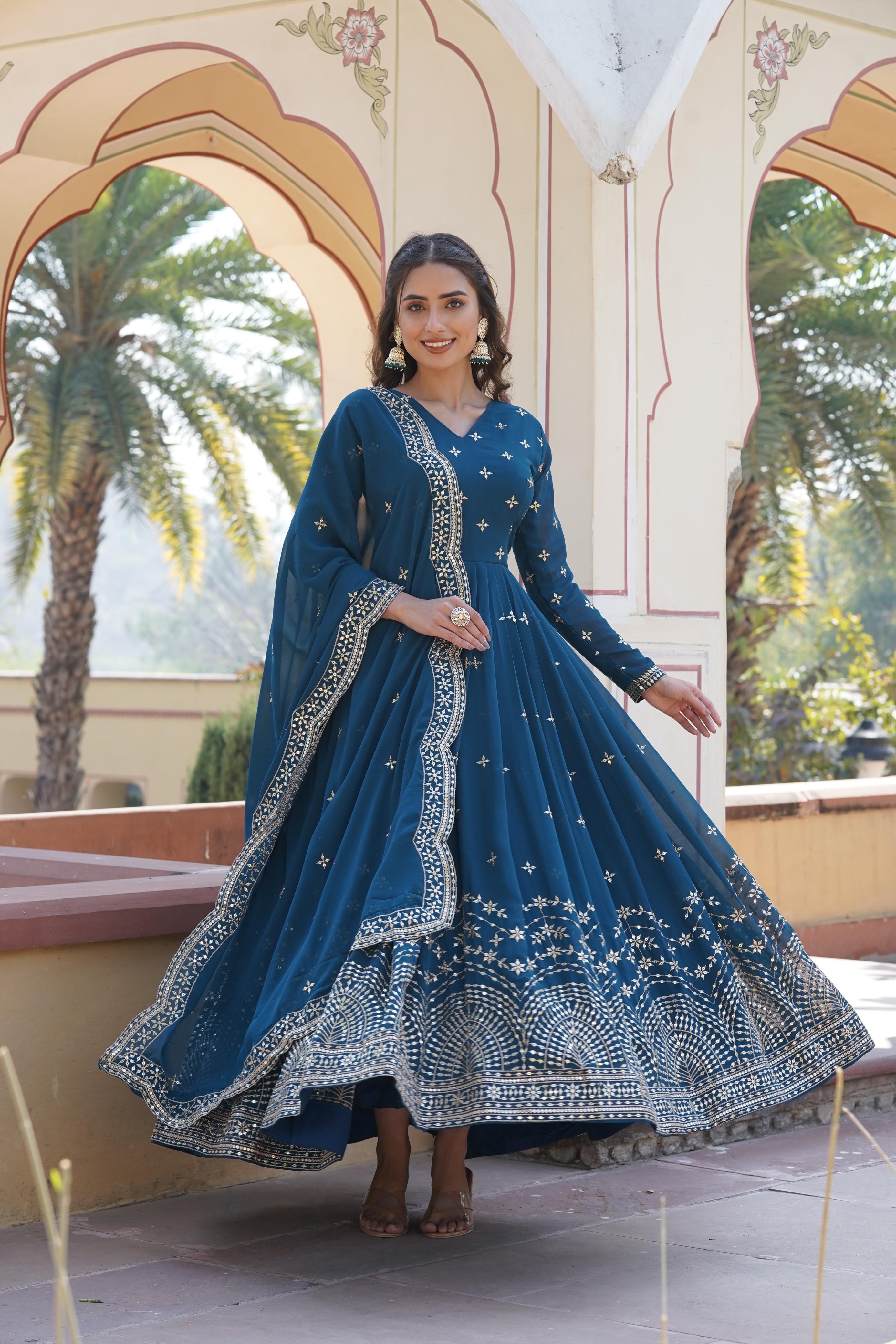 Wedding Wear Heavy Work Blue Long Gown With Dupatta Amrutamfab