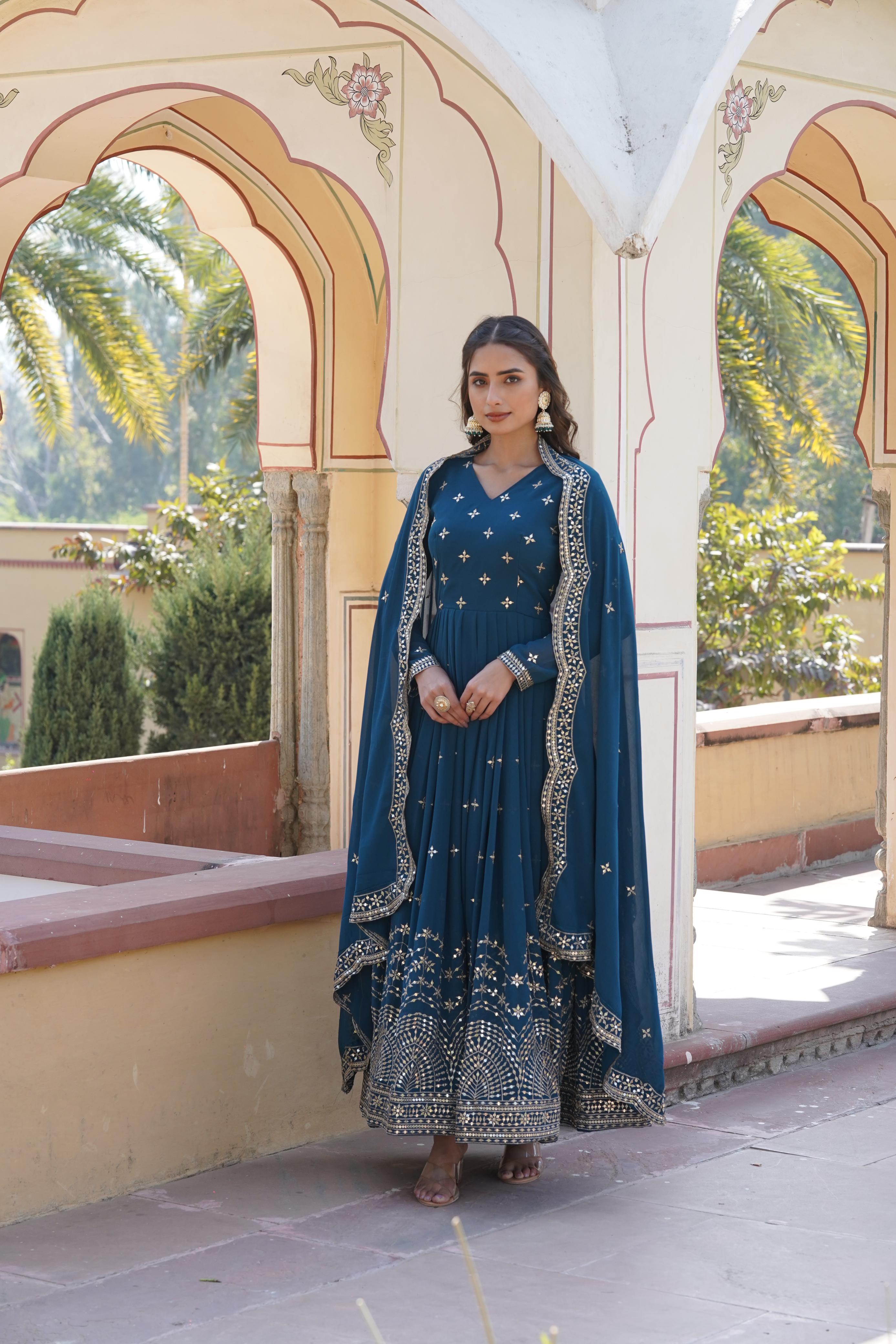 Wedding Wear Heavy Work Blue Long Gown With Dupatta