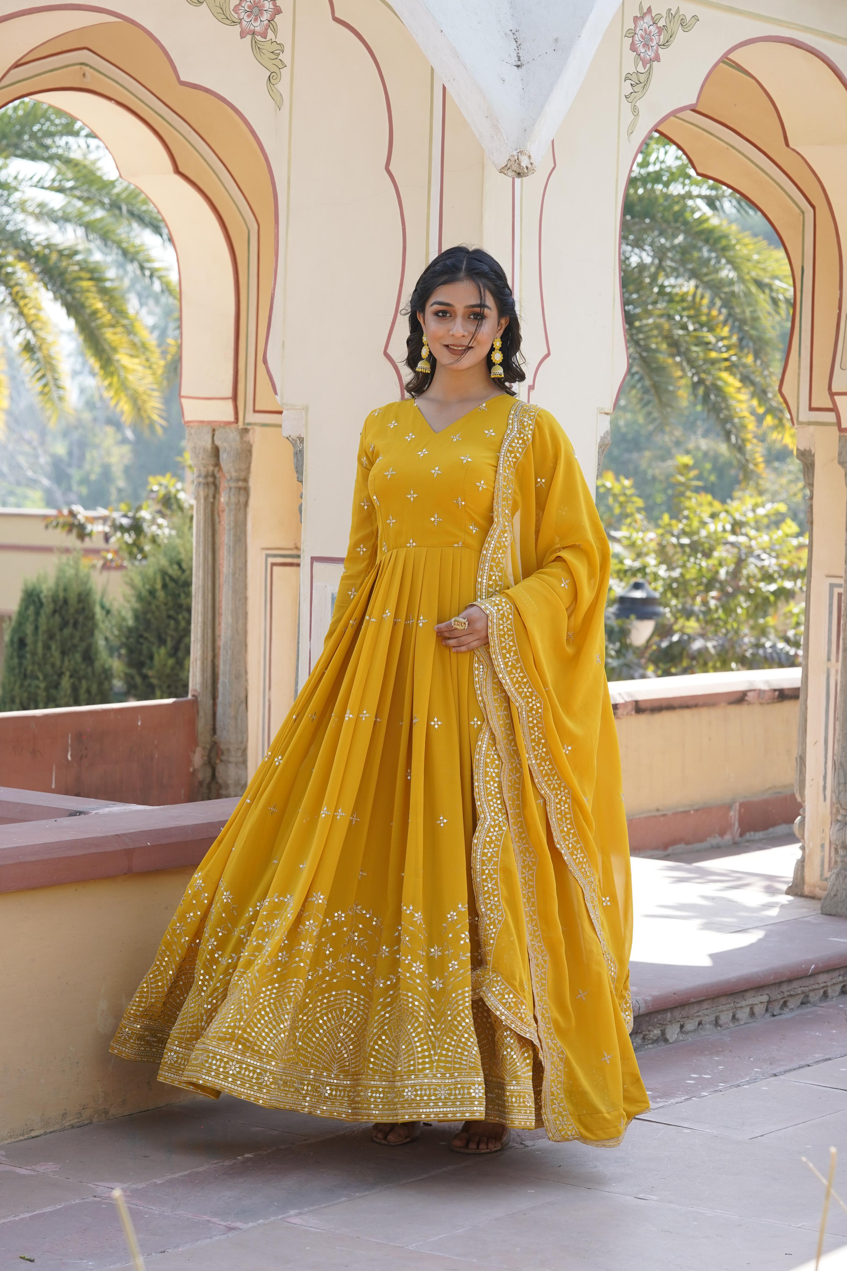 Wedding Wear Heavy Work Mustard Long Gown With Dupatta