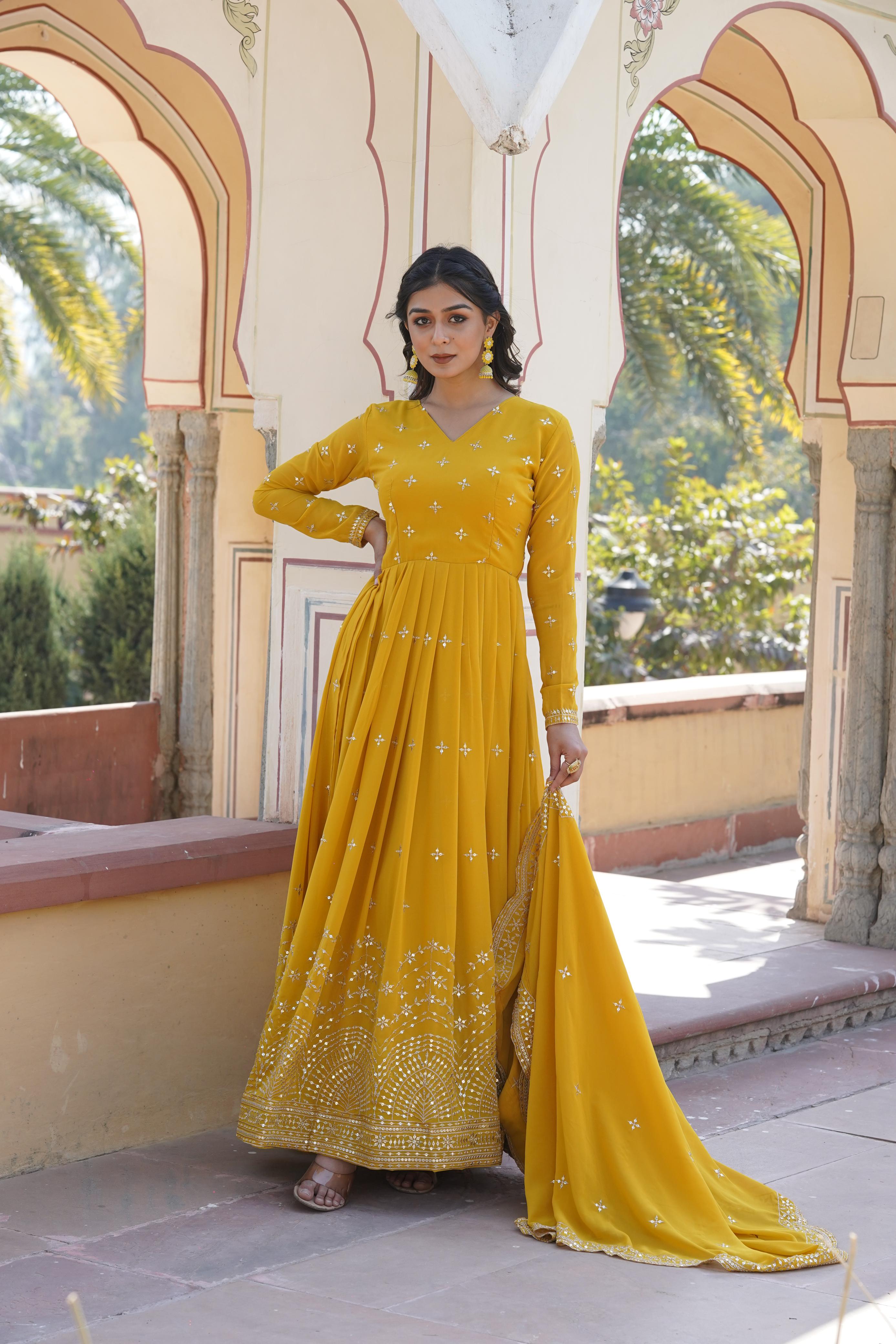 Wedding Wear Heavy Work Mustard Long Gown With Dupatta