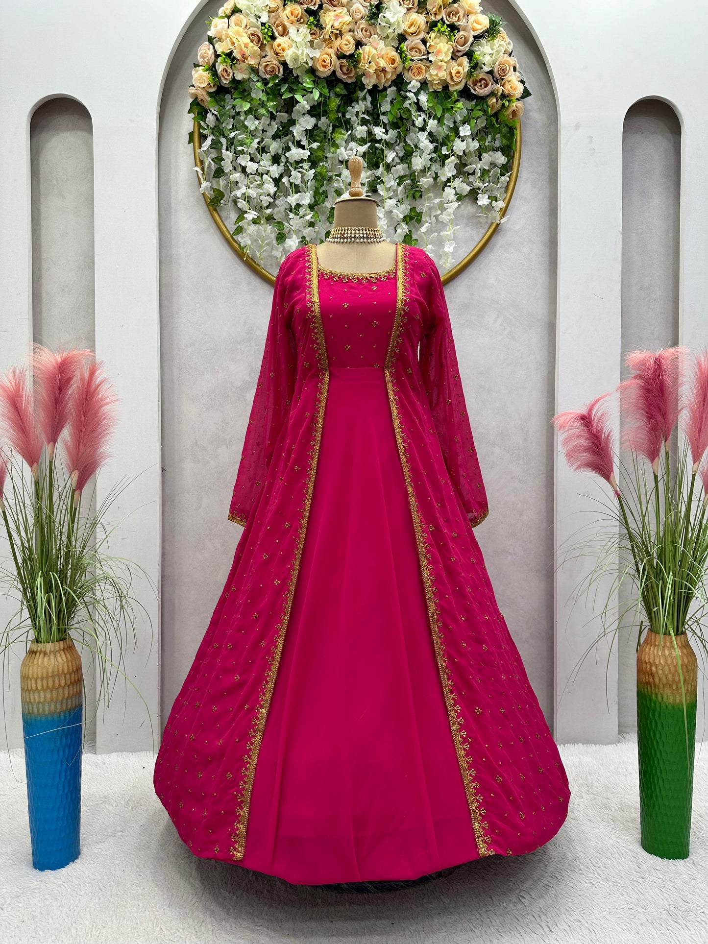 Occasion Wear Pink Color Sequence Work Gown With Shrug