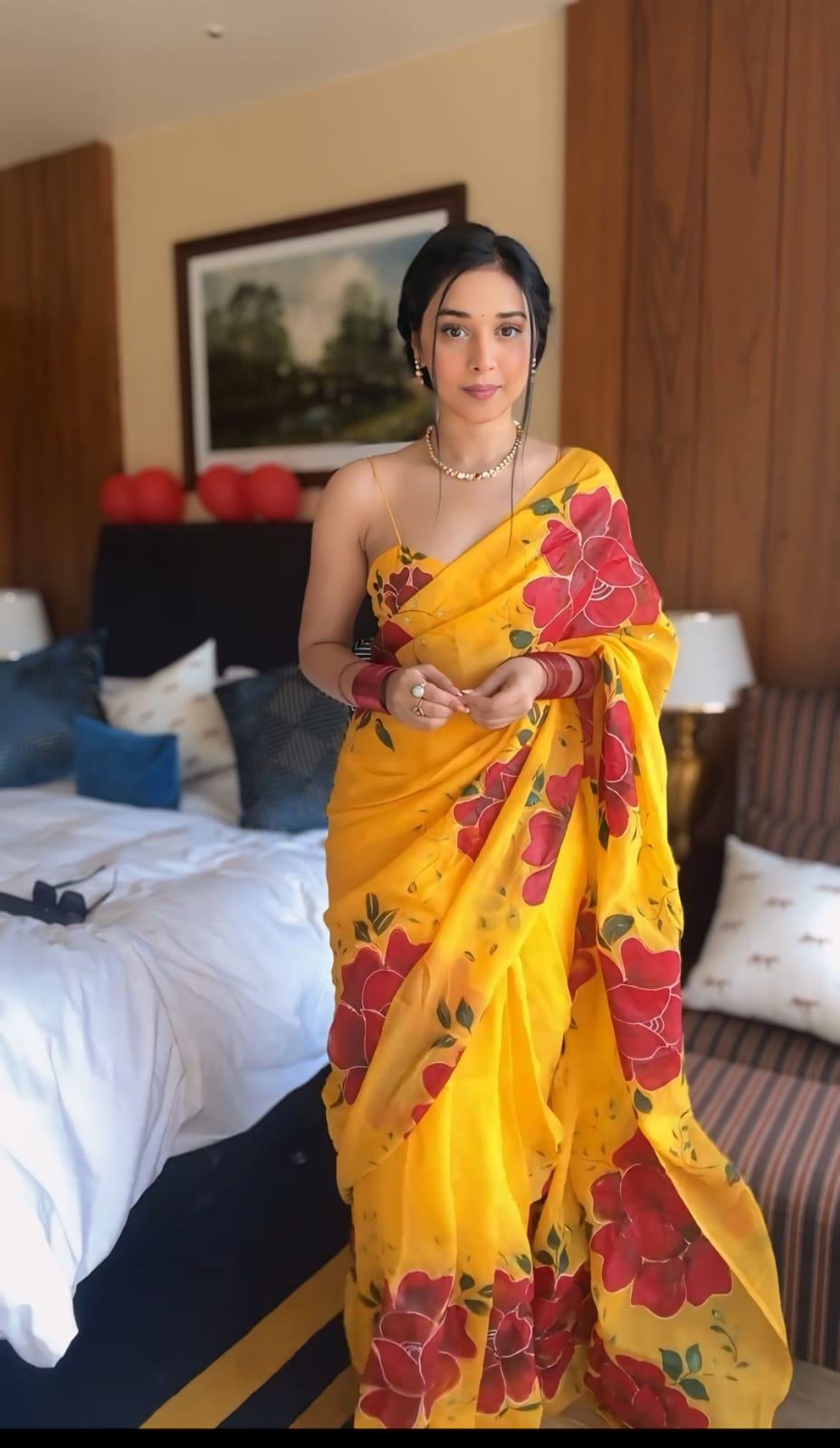 Beautiful Red Flower Print Yellow Ready To Wear Saree