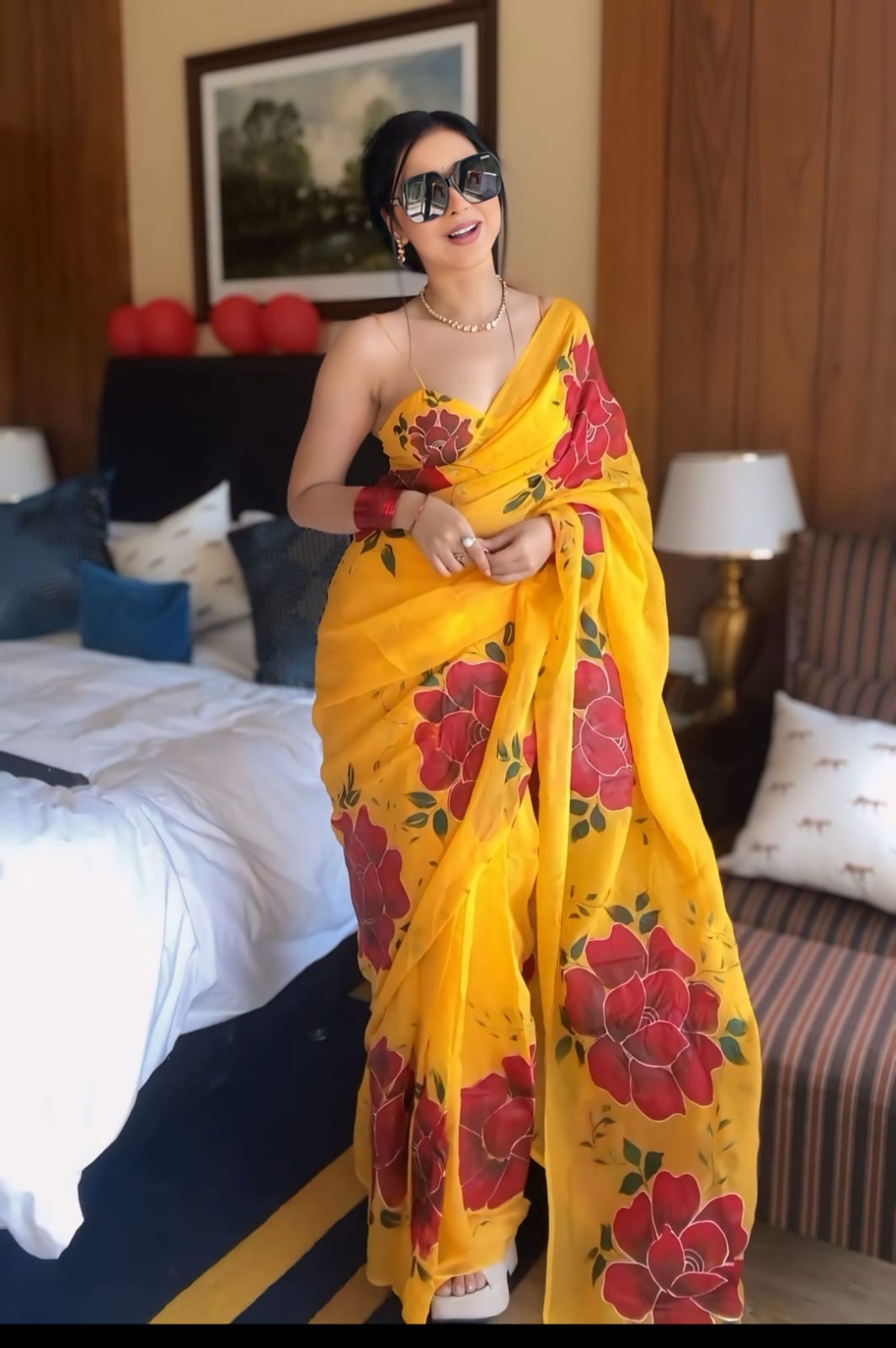 Beautiful Red Flower Print Yellow Ready To Wear Saree