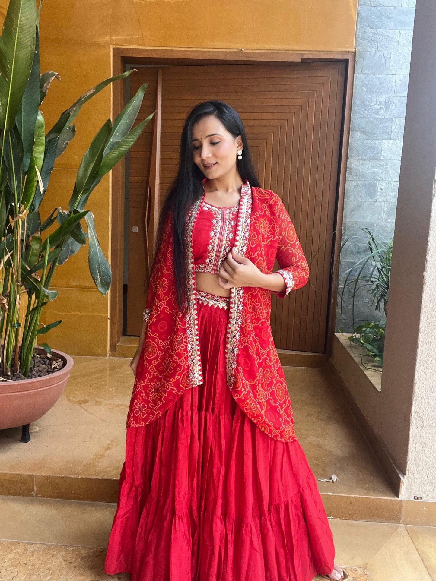 Amazing Red Embroidery Work Lehenga Choli With Bandhej Shrug