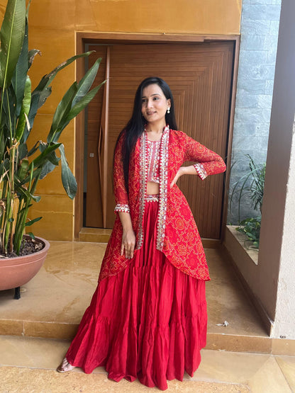 Amazing Red Embroidery Work Lehenga Choli With Bandhej Shrug