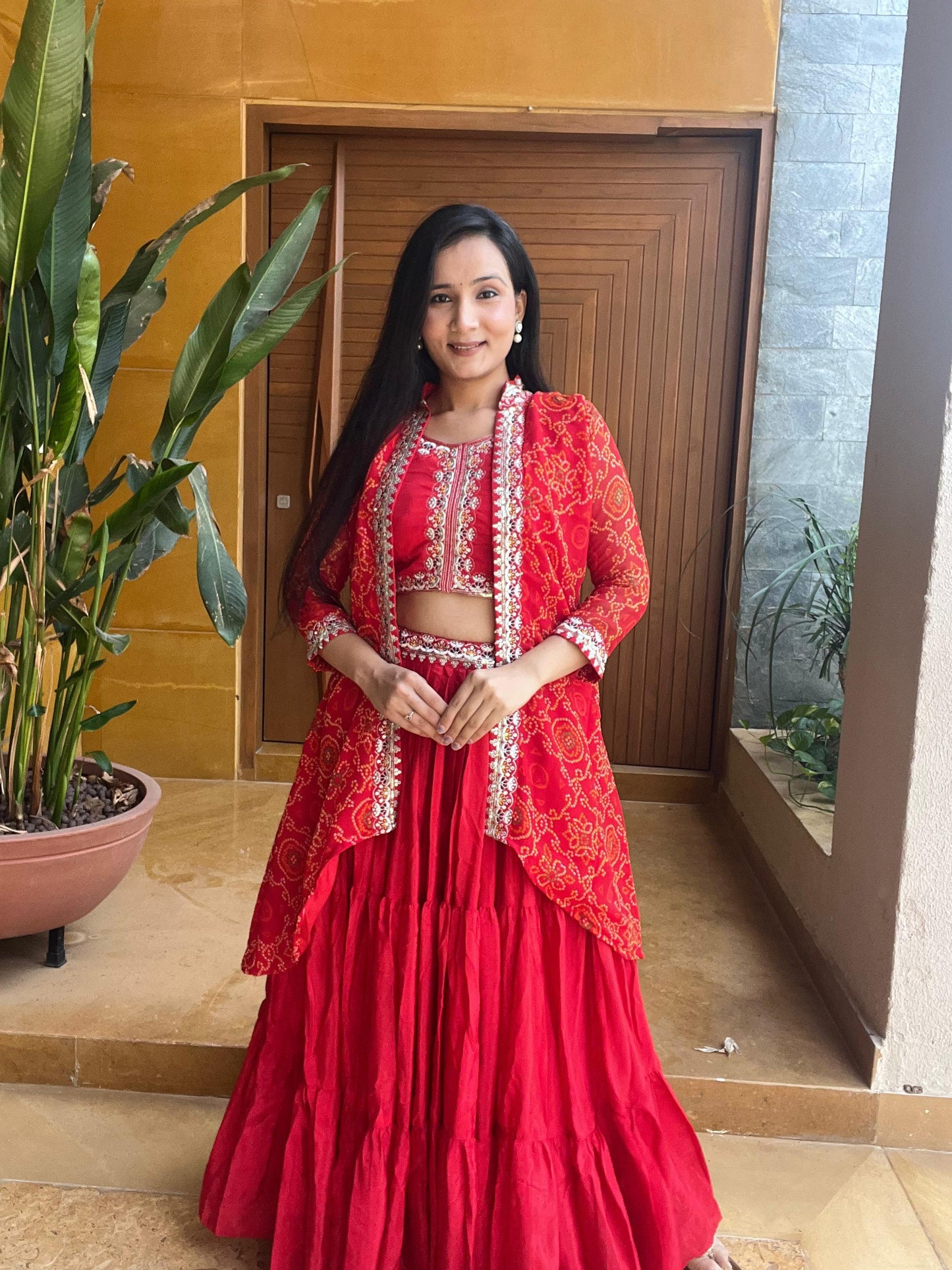 Amazing Red Embroidery Work Lehenga Choli With Bandhej Shrug