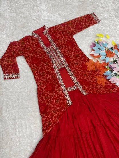 Amazing Red Embroidery Work Lehenga Choli With Bandhej Shrug