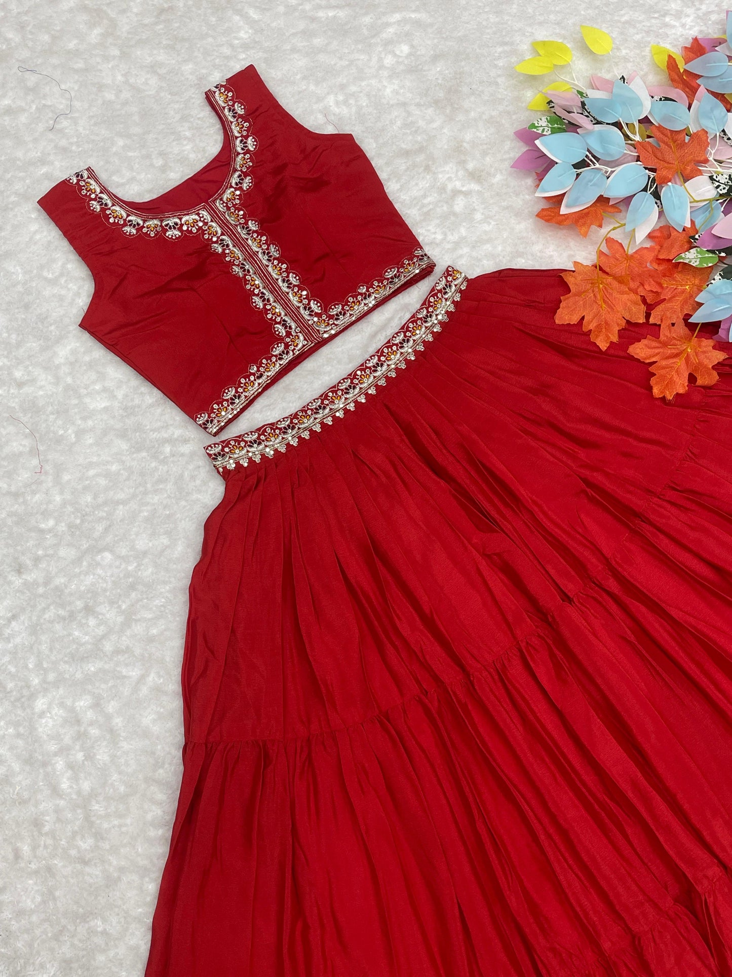 Amazing Red Embroidery Work Lehenga Choli With Bandhej Shrug