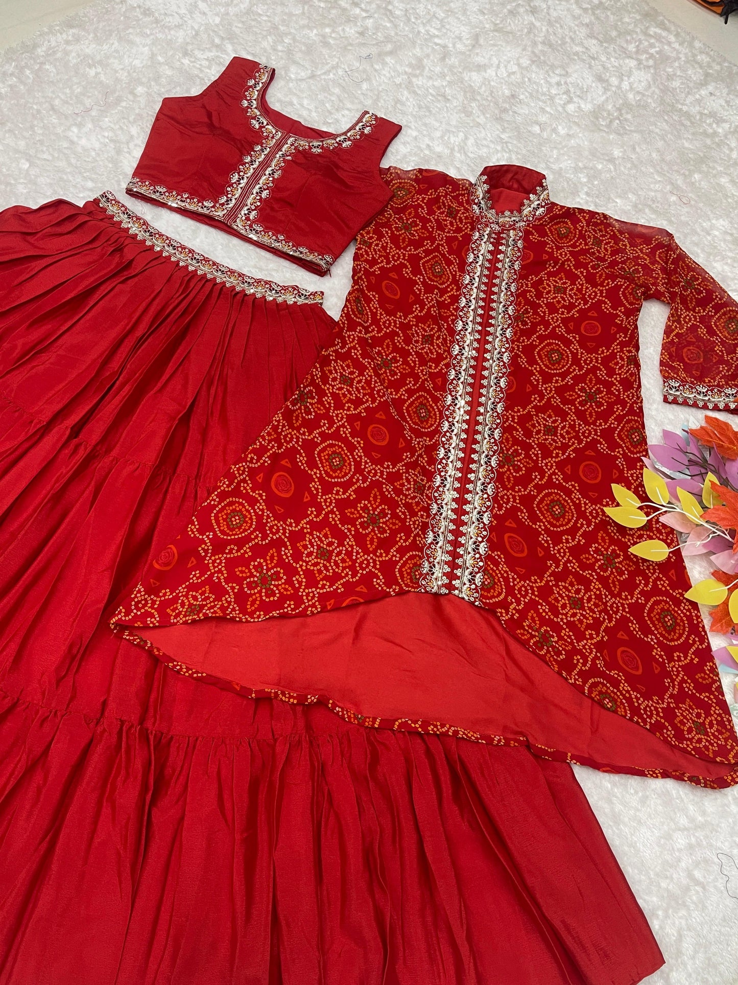 Amazing Red Embroidery Work Lehenga Choli With Bandhej Shrug