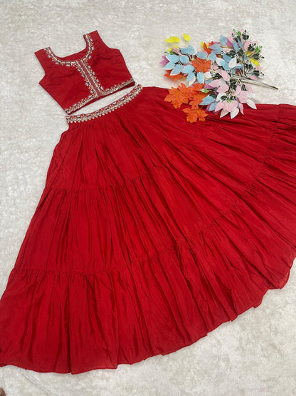 Amazing Red Embroidery Work Lehenga Choli With Bandhej Shrug