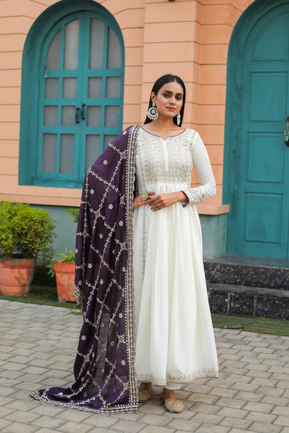 Party Wear Look White Gown With Purple Dupatta