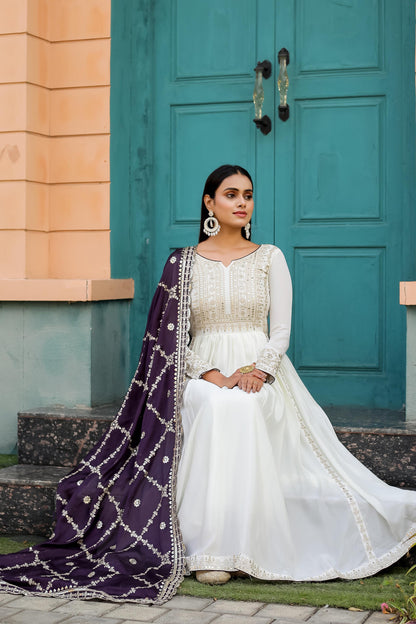 Party Wear Look White Gown With Purple Dupatta