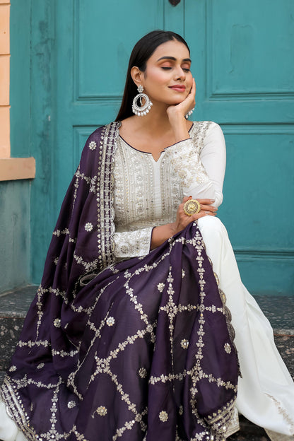 Party Wear Look White Gown With Purple Dupatta