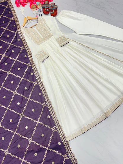 Party Wear Look White Gown With Purple Dupatta