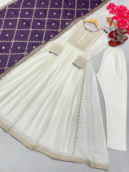 Party Wear Look White Gown With Purple Dupatta