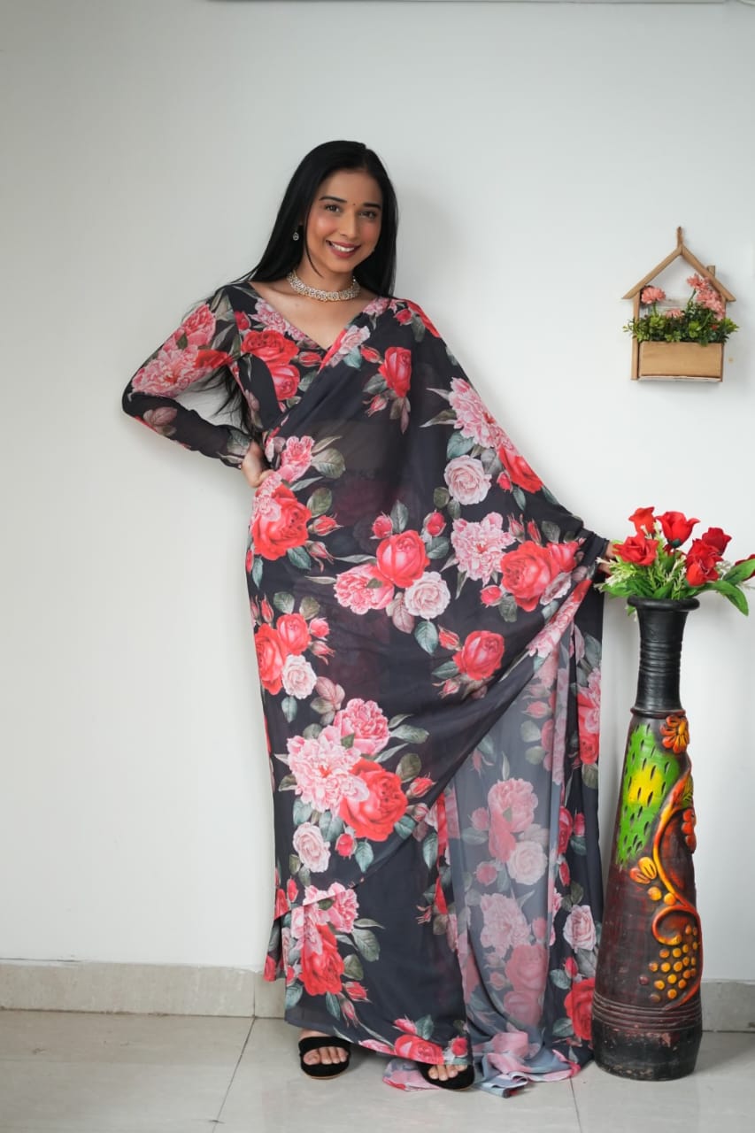 Rose Print Black Color Ready To Wear Saree