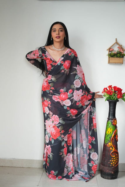 Rose Print Black Color Ready To Wear Saree