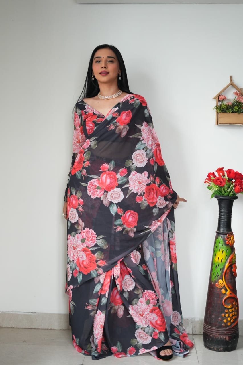 Rose Print Black Color Ready To Wear Saree