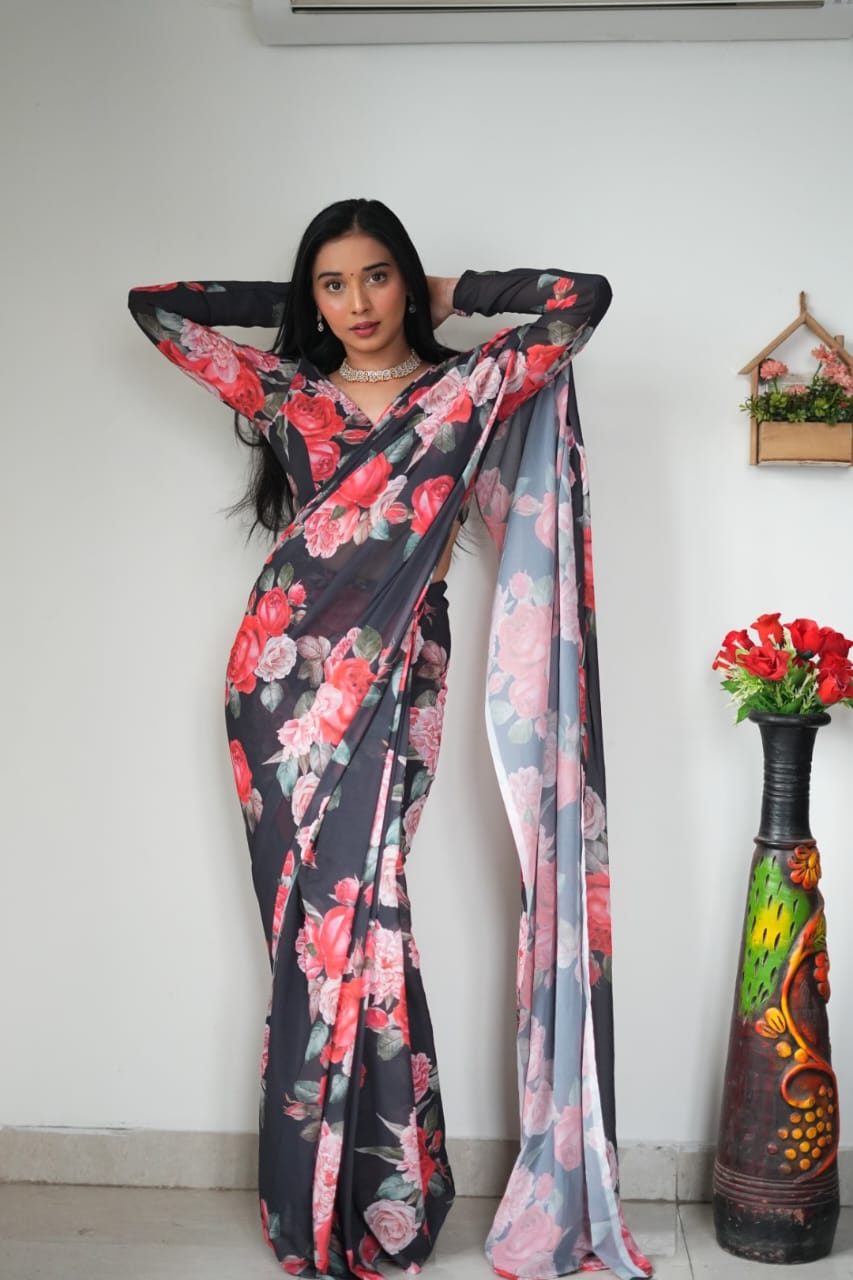 Rose Print Black Color Ready To Wear Saree