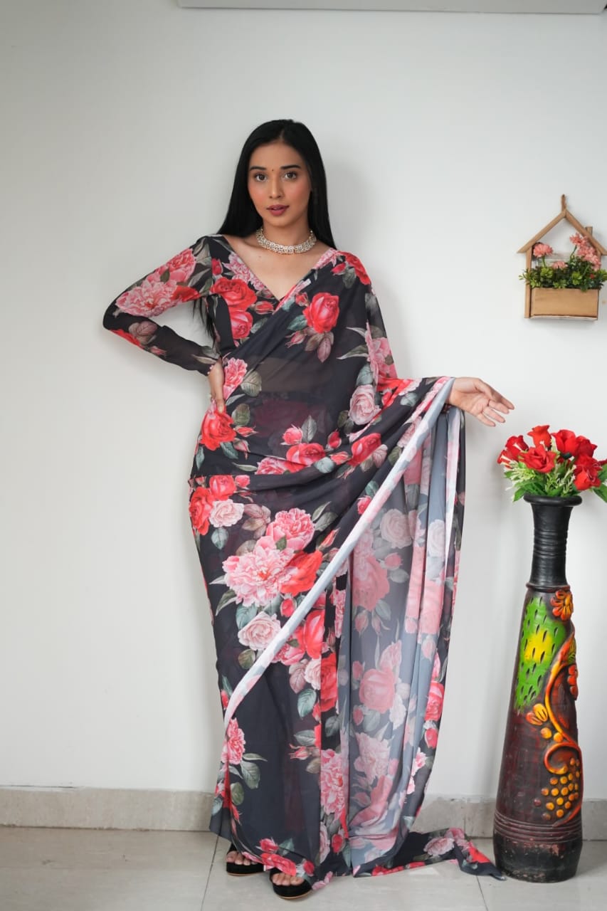 Rose Print Black Color Ready To Wear Saree