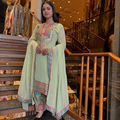 Multi Embroidery Work Pista Green Kurti Pant With Dupatta