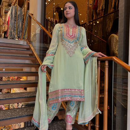 Multi Embroidery Work Pista Green Kurti Pant With Dupatta