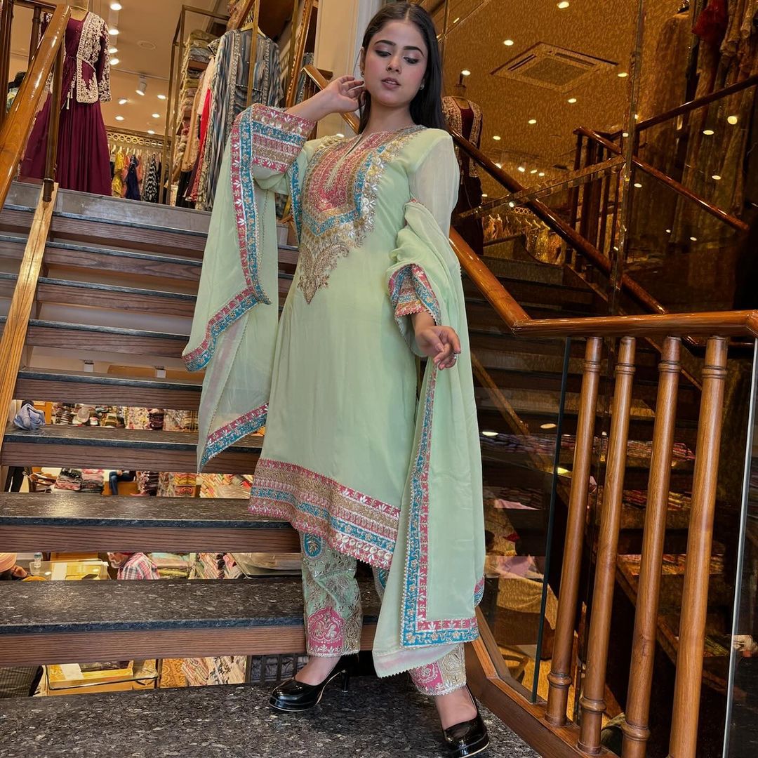 Multi Embroidery Work Pista Green Kurti Pant With Dupatta