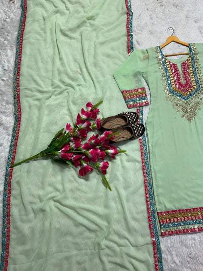 Multi Embroidery Work Pista Green Kurti Pant With Dupatta