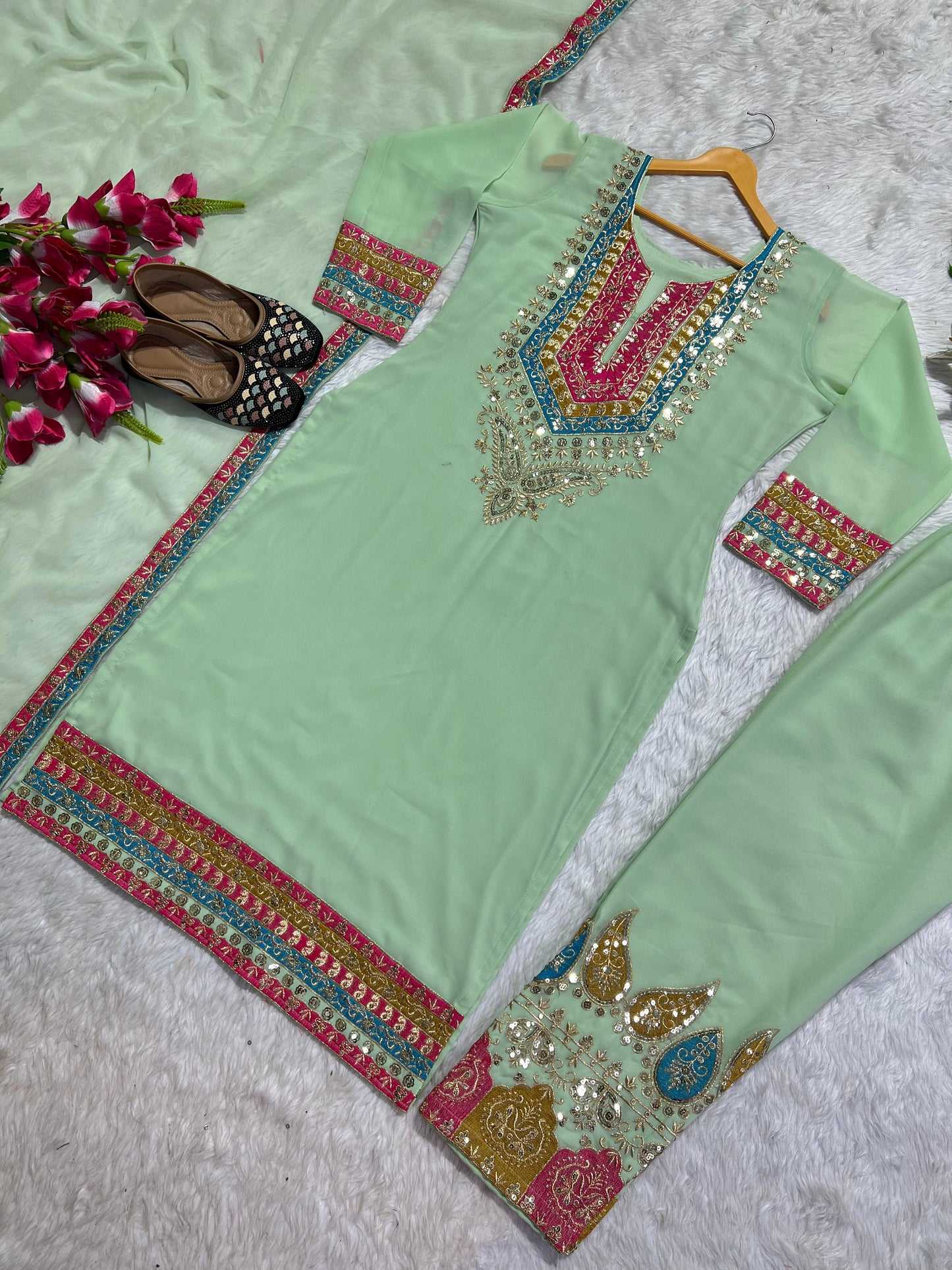 Multi Embroidery Work Pista Green Kurti Pant With Dupatta