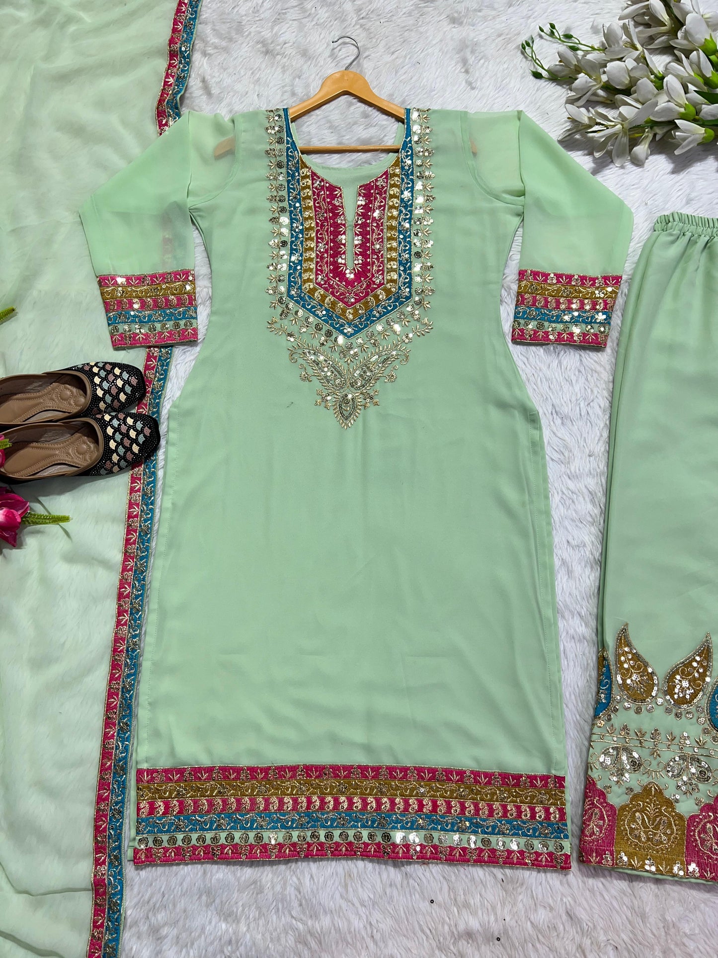 Multi Embroidery Work Pista Green Kurti Pant With Dupatta