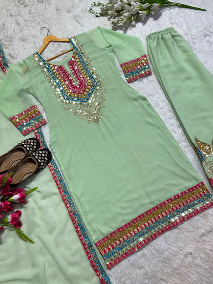 Multi Embroidery Work Pista Green Kurti Pant With Dupatta