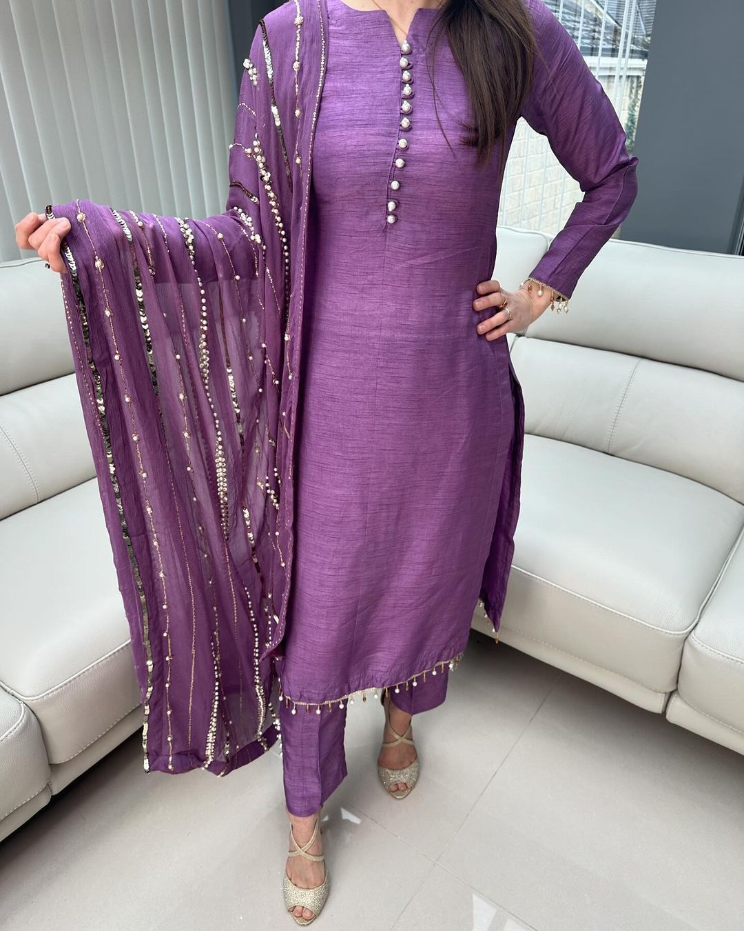 Fashionable Lavender Color Kurti Pant With Work Dupatta