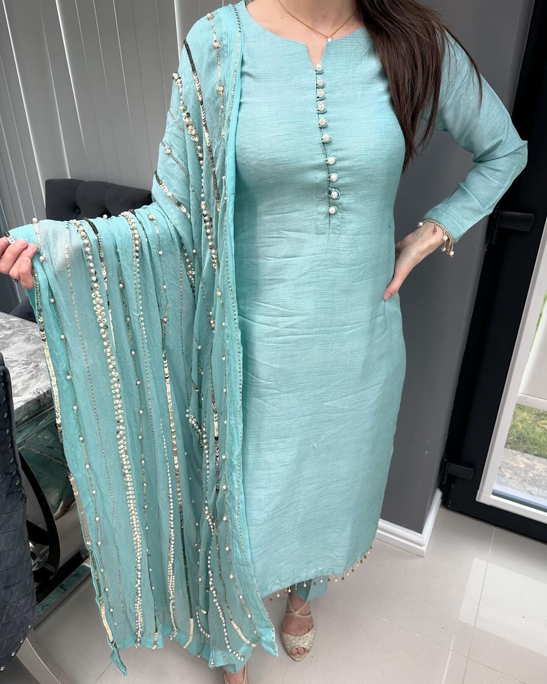 Fashionable Aqua Blue Color Kurti Pant With Work Dupatta