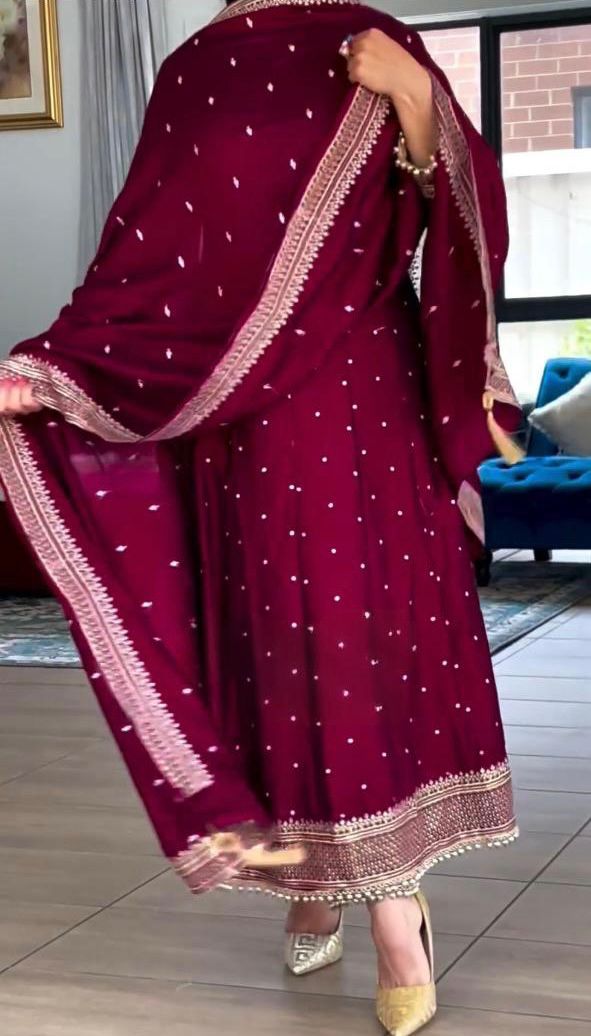 Demanding Maroon Color Fancy Work Anarkali Suit