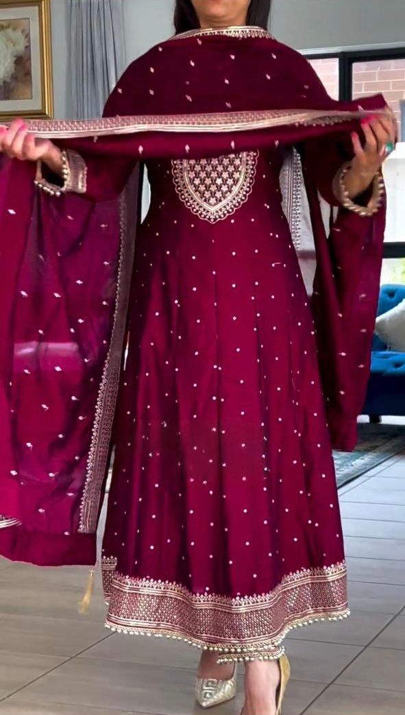 Demanding Maroon Color Fancy Work Anarkali Suit