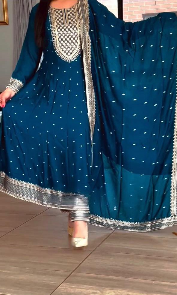 Demanding Blue Color Fancy Work Anarkali Suit