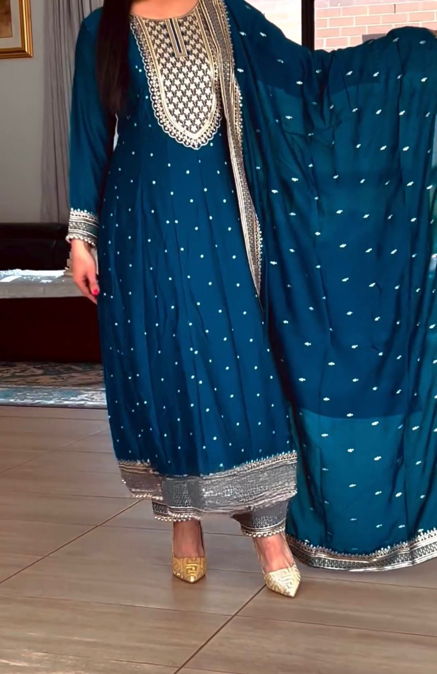 Demanding Blue Color Fancy Work Anarkali Suit