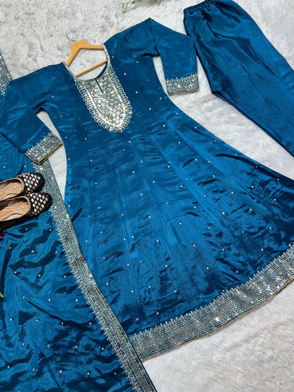 Demanding Blue Color Fancy Work Anarkali Suit