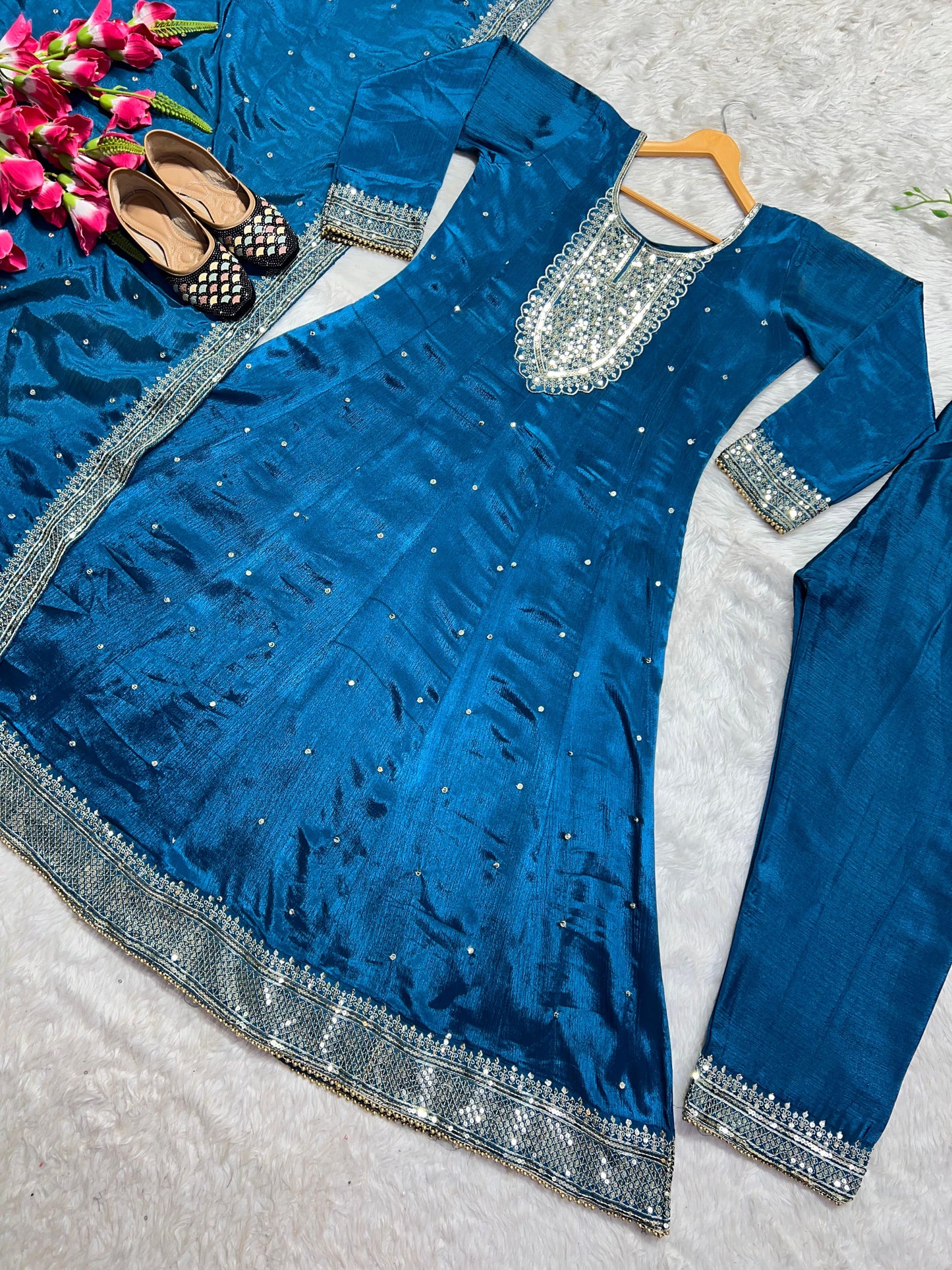 Demanding Blue Color Fancy Work Anarkali Suit