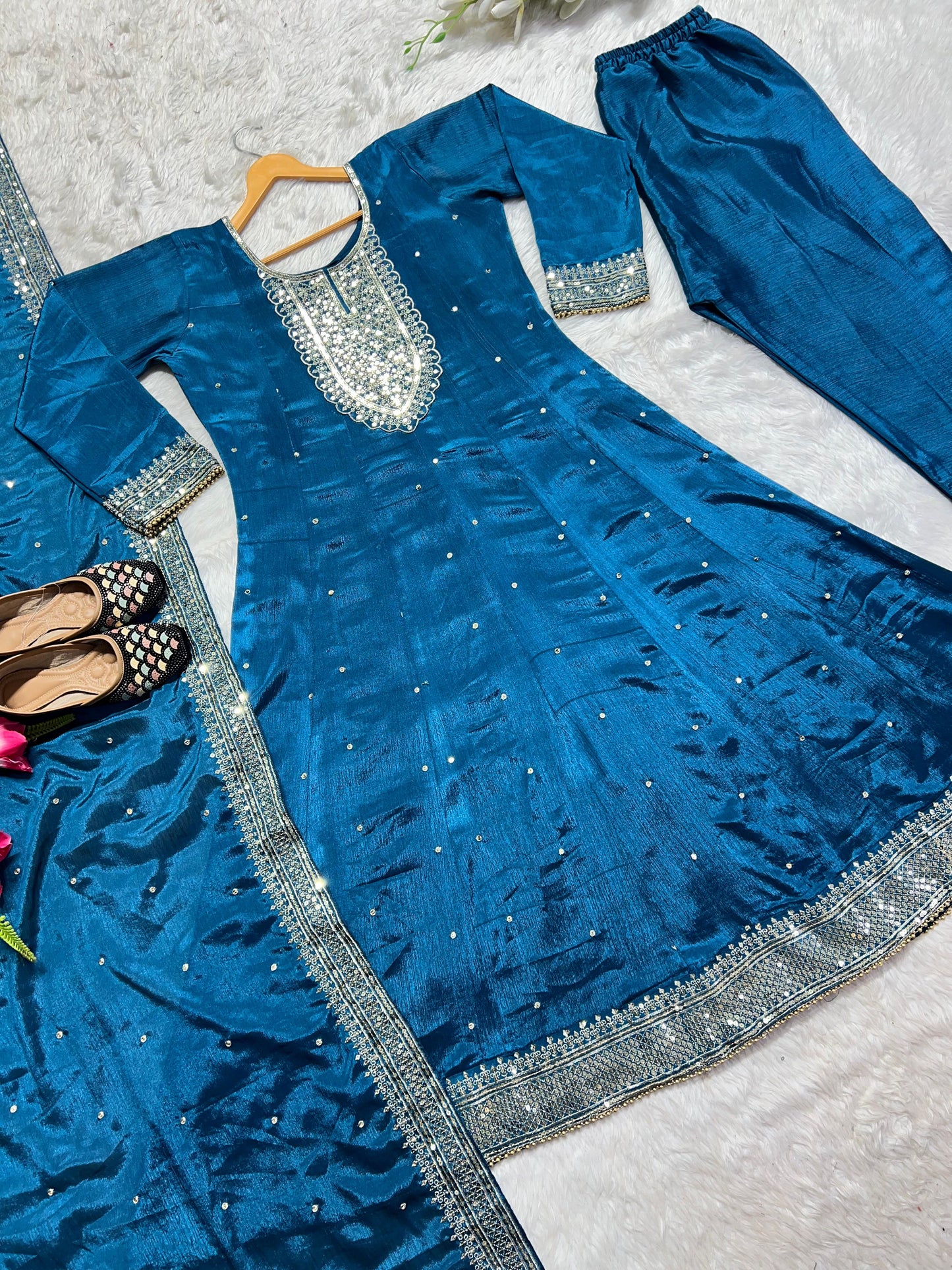 Demanding Blue Color Fancy Work Anarkali Suit