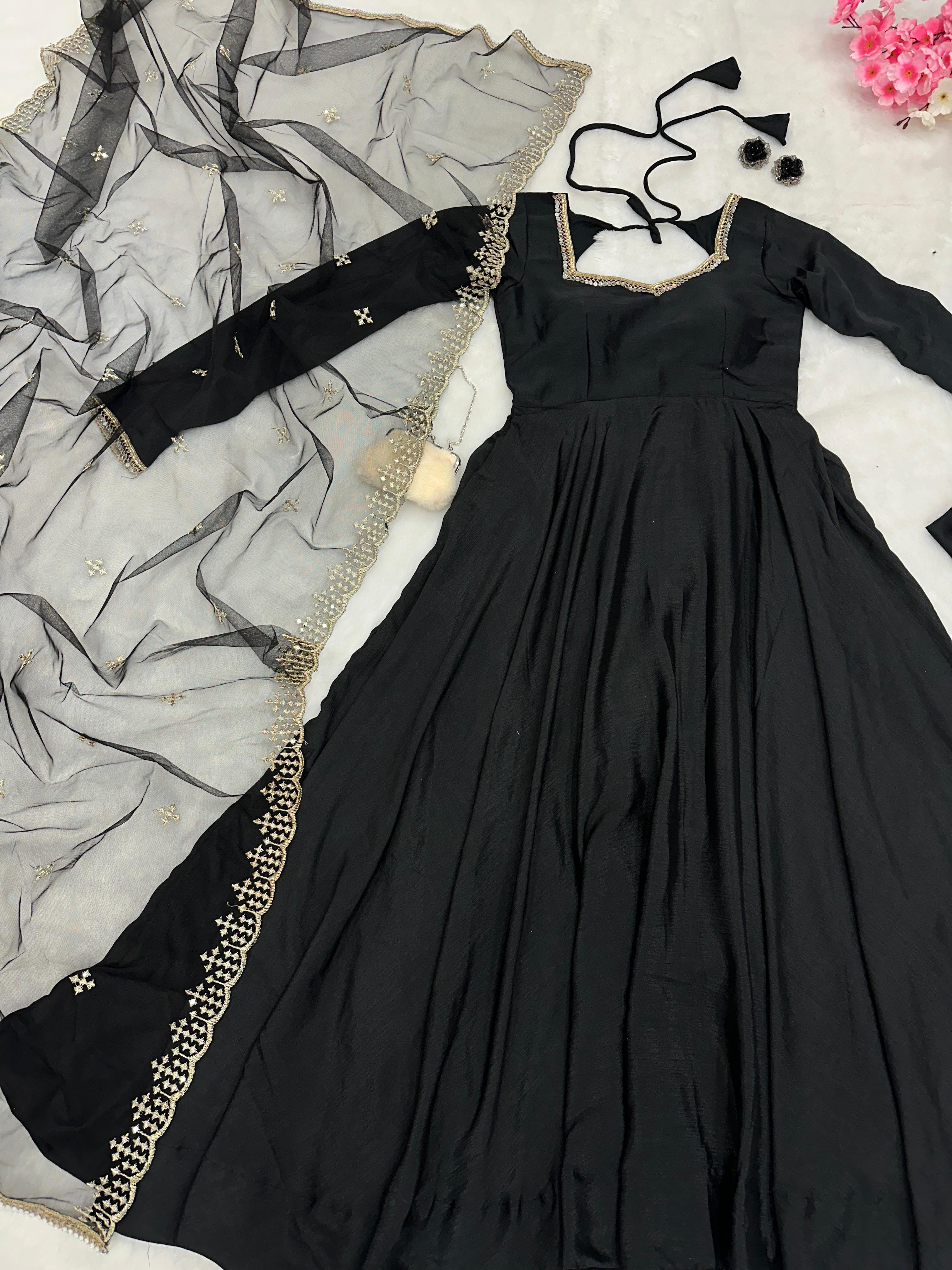 Awesome Black Color Anarkali Gown With Fancy Dupatta