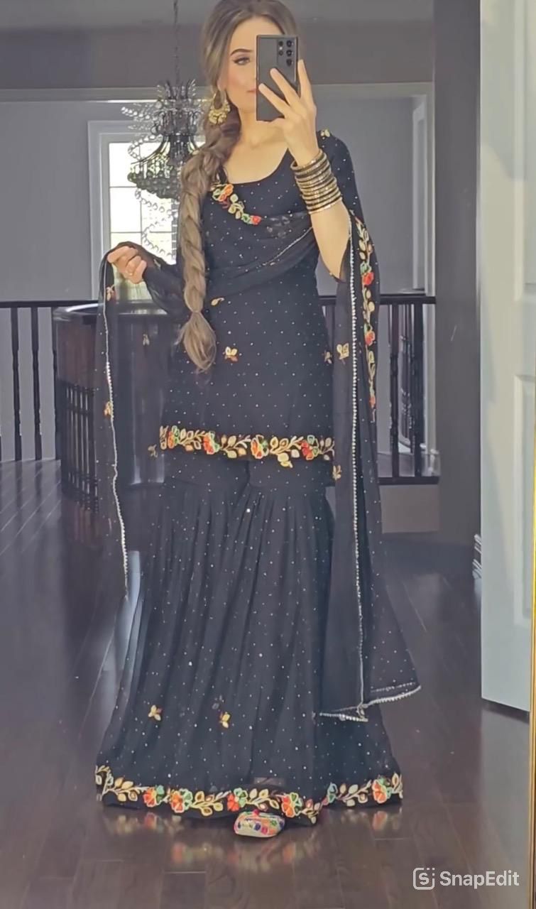 Multi Embroidery With Diamond Work Black Sharara Suit