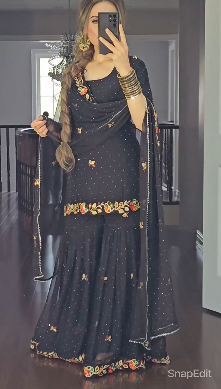 Multi Embroidery With Diamond Work Black Sharara Suit