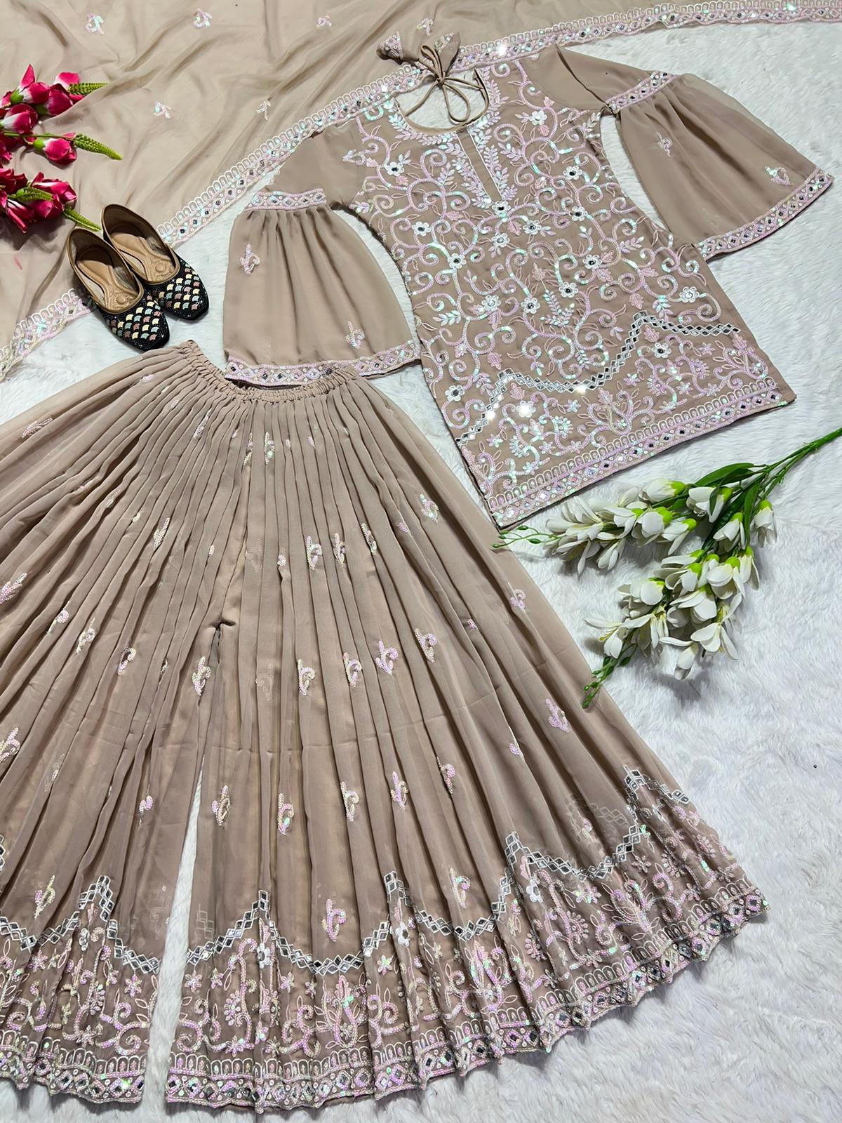 Function Wear Beige Color Heavy Work Sharara Suit